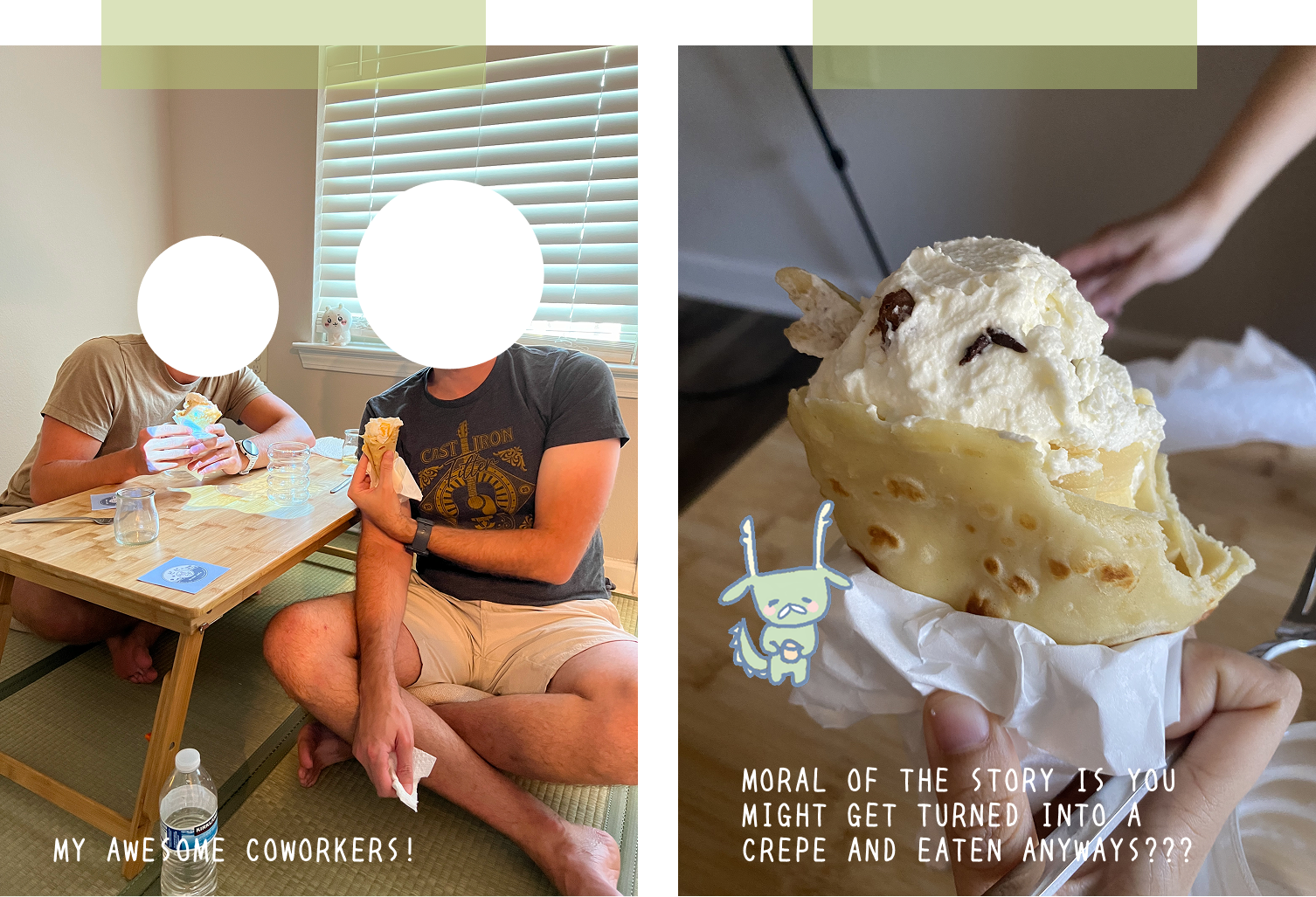 Coworkers experiencing the Bibi projection mapping café holding a half eaten crepe
