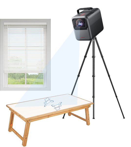Scuffed setup of a projector mounted on a tripod above the table next to a window