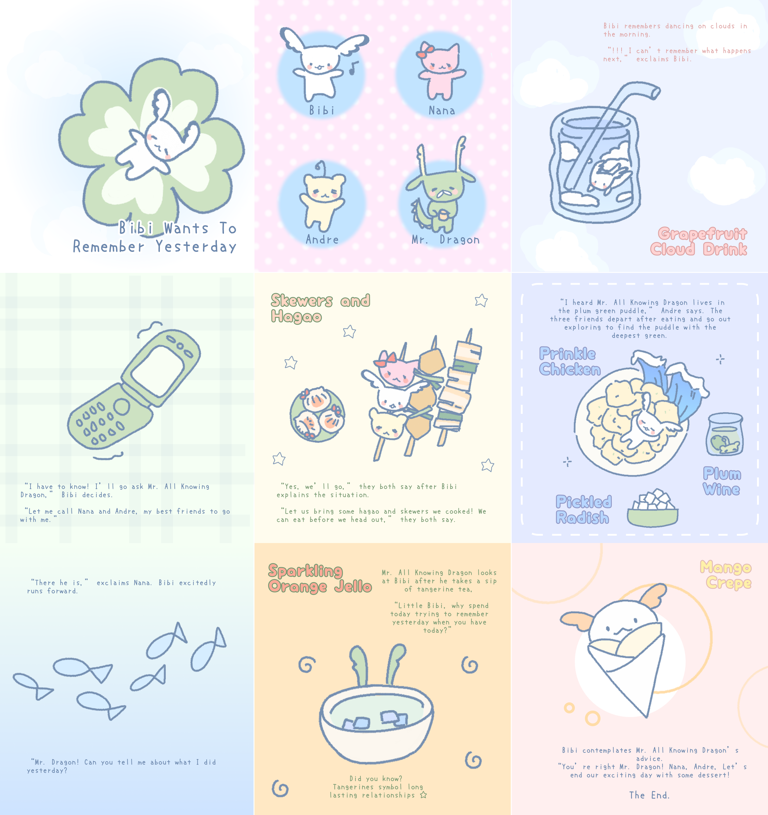 Story card illustrations for the Bibi projection mapping café experience