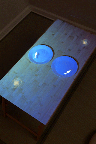 Projection mapped fish and manta rays swimming across a table