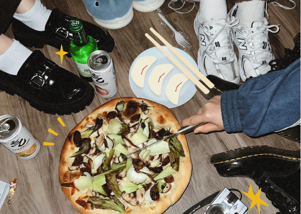 Four friends sitting on the floor around pizza and drinks, wearing distinct types of shoes