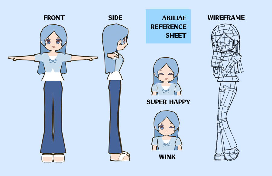 Character reference sheet for a low poly version of Emilee for club member animation video