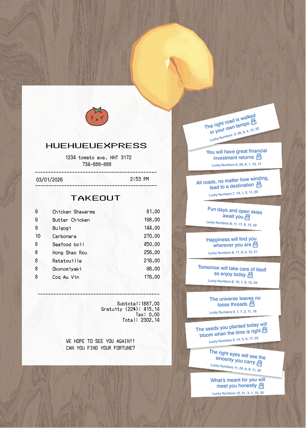 Cook club magazine back cover with fortune cookie messages and a Chinese takeout receipt