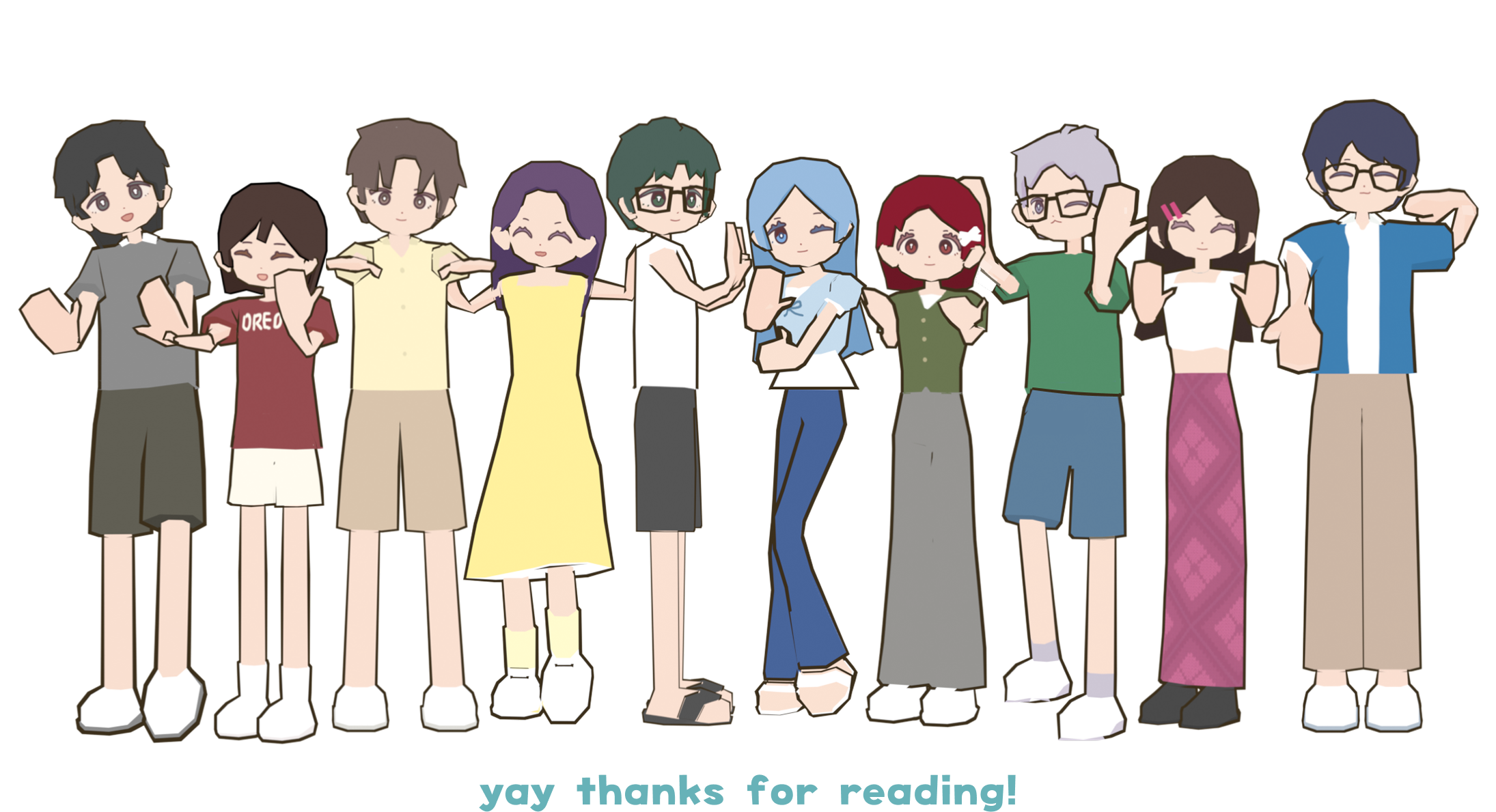 Lowpoly character versions of club members posed for group photo