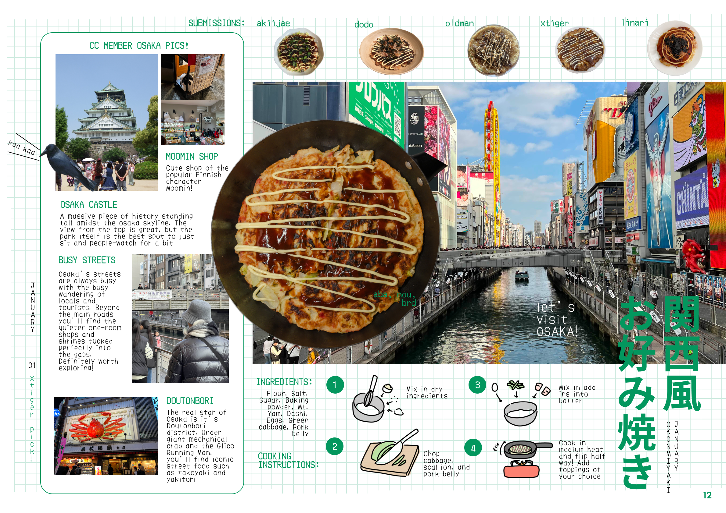 January cook club magazine design featuring photos Okonomiyaki and pictures of Osaka