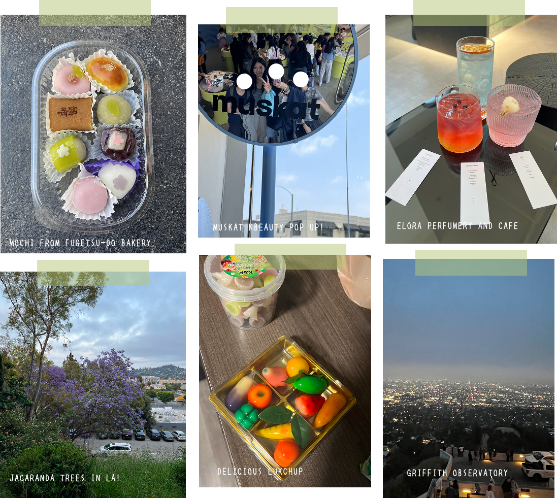 LA photos of japanese mochi, colorful drinks, jacaranda trees, lukchup, and Griffith Observatory 