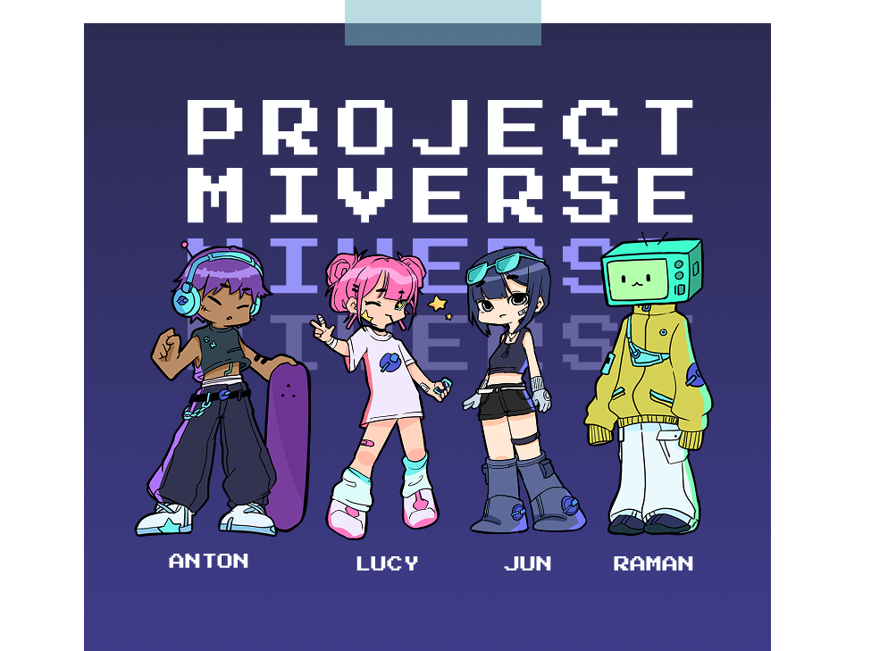Character designs for Jun, Lucy, Ramen, and Anton in MIVERSE