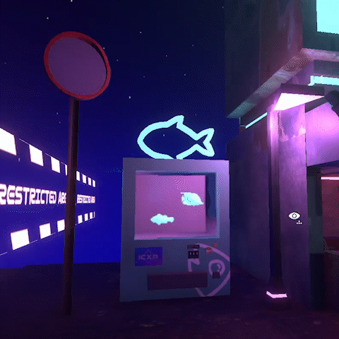 Neo-Tokyo styled vending machine with fish inside next to scrolling street boundary texture