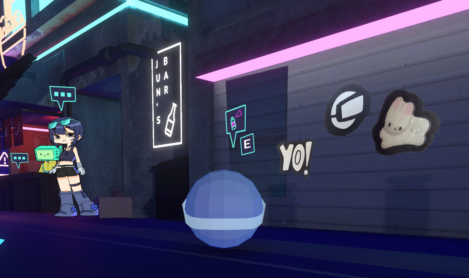 Virtual character in a neon cyberpunk world standing before a graffiti wall of hand-drawn images