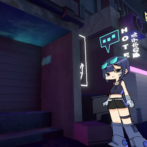 2.5D Jun standing outside her neon-lit bar