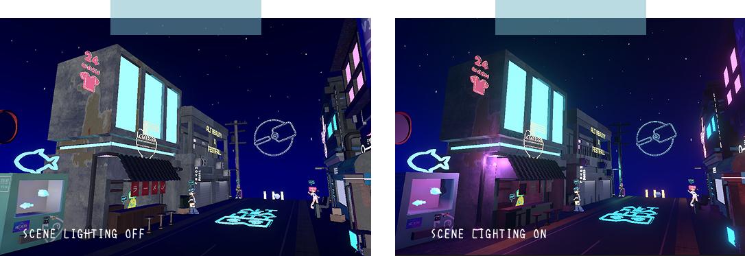 Comparison of how environmental lighting affects scene in the MIVERSE virtual city