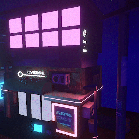 MIVERSE cyberpunk style city electronics store with neon lighting