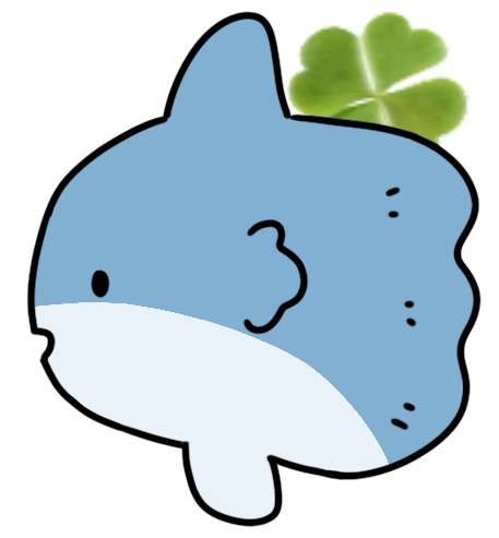 Hand-drawn character art of a sunfish carrying a four-leaf clover on its back