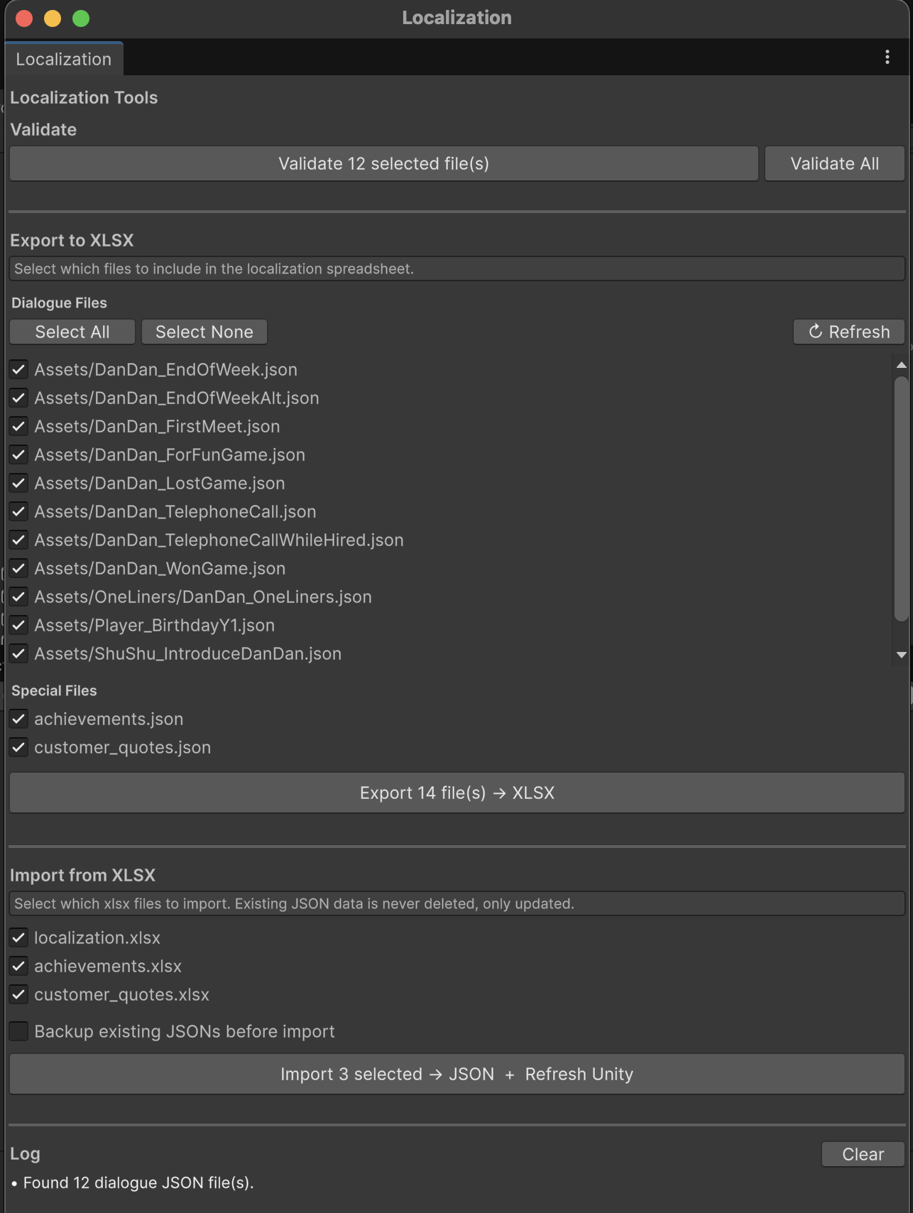 Custom Unity Editor window for exporting dialogue JSON to spreadsheets, validating translations, and importing localized text
