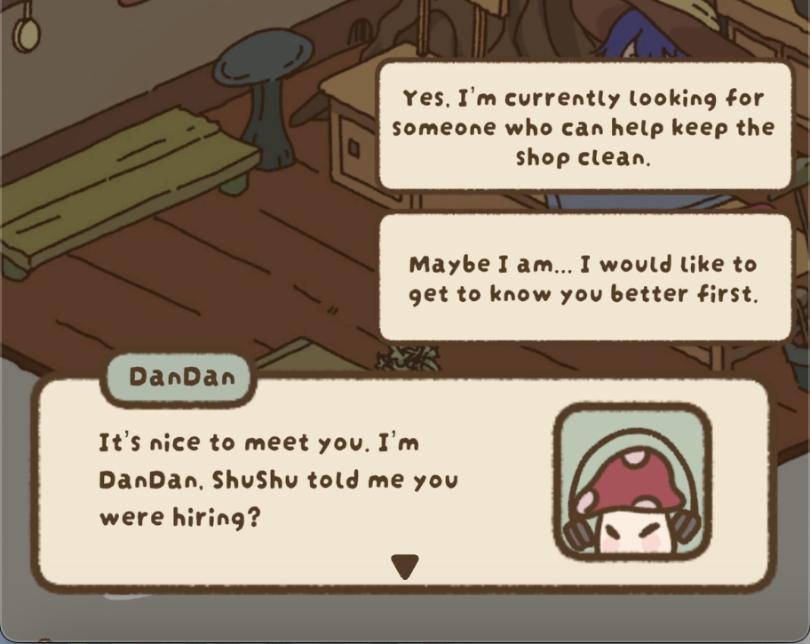 Game dialogue UI with a red mushroom character speaking