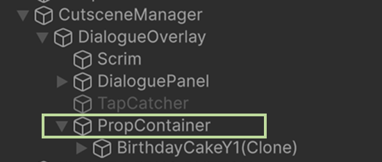 Unity hierarchy showing a spawned birthday cake prefab parented under PropContainer for cutscene cleanup